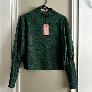 Traffic People Funnel Top w Juliet Sleeves Sparkly Dark Green NWT $75